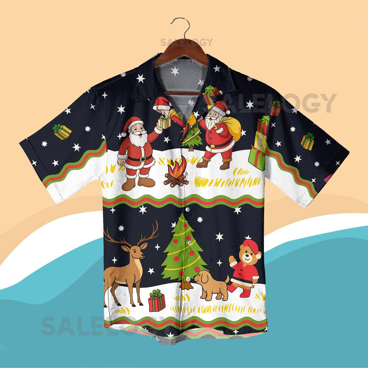 Santa Claus Christmas Hawaiian Shirt Funny Holiday Vacation Outfit Xmas Reindeer Tree Print Beach Shirt and Shorts Christmas Party Gift_224