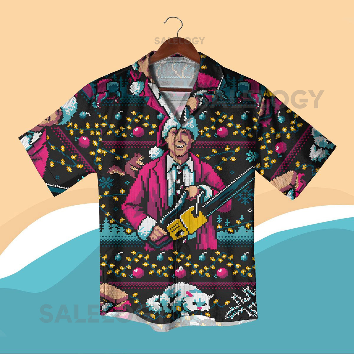 Funny Christmas Chainsaw Hawaiian Shirt Shorts Ugly Xmas Pixel Pattern Holiday Outfit Funny Matching Party Shirt Gift for Men Xmas Gifts_73