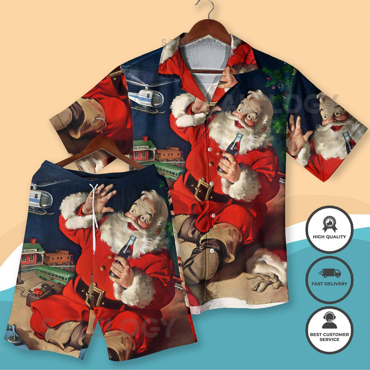 Vintage Santa Hawaiian Shirt Shorts Retro Christmas Aloha Outfit Funny Holiday Party Shirt Christmas Vacation Beachwear Gift for Him_291