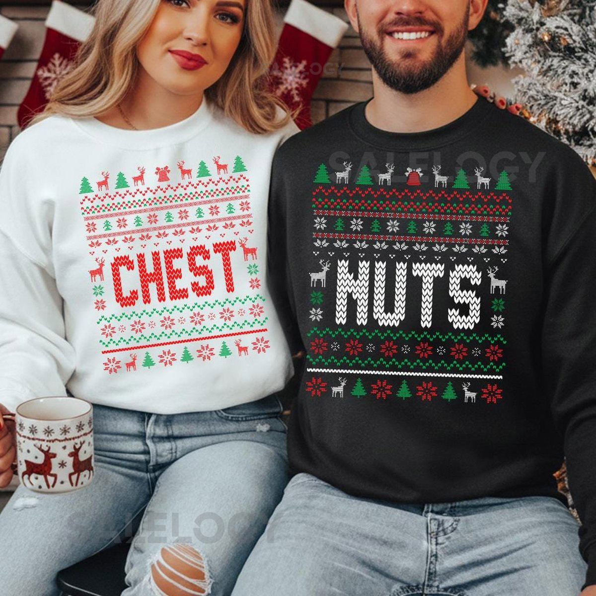 Chest Nuts Funny Christmas Sweatshirt Matching Couple Ugly Xmas Jumper Hilarious Holiday Party Top Funny Winter Jumper Xmas Matching Top
