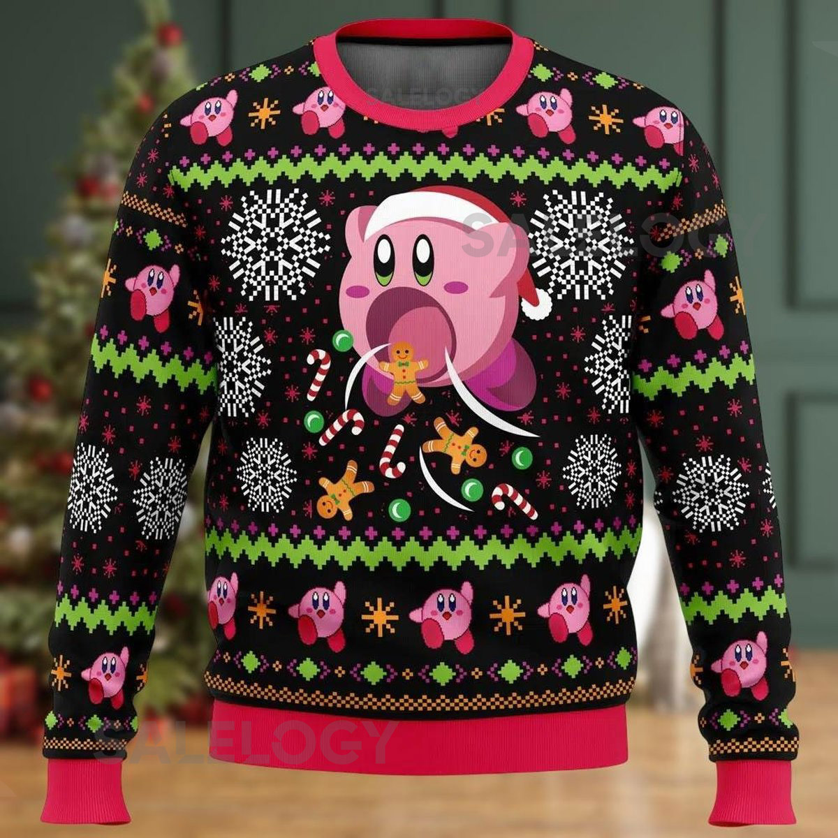 Cute Pink Hungry Kirbys Dream Land Ugly Christmas Sweater Kirby Santa Claus Sweater Video Game Sweater Holiday Sweater Xmas