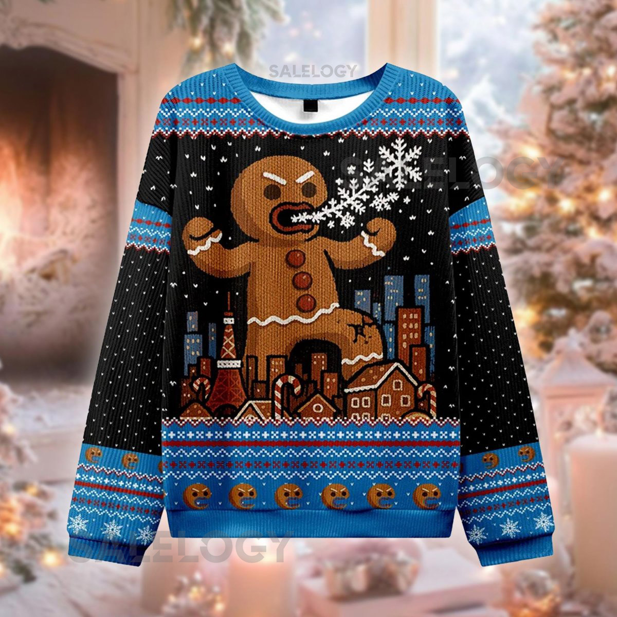 Godzilla Gingerbread Man Sweater Kaiju Ugly Christmas Jumper Giant Gingerbread Xmas Funny Holiday Sweatshirt City Destroyer