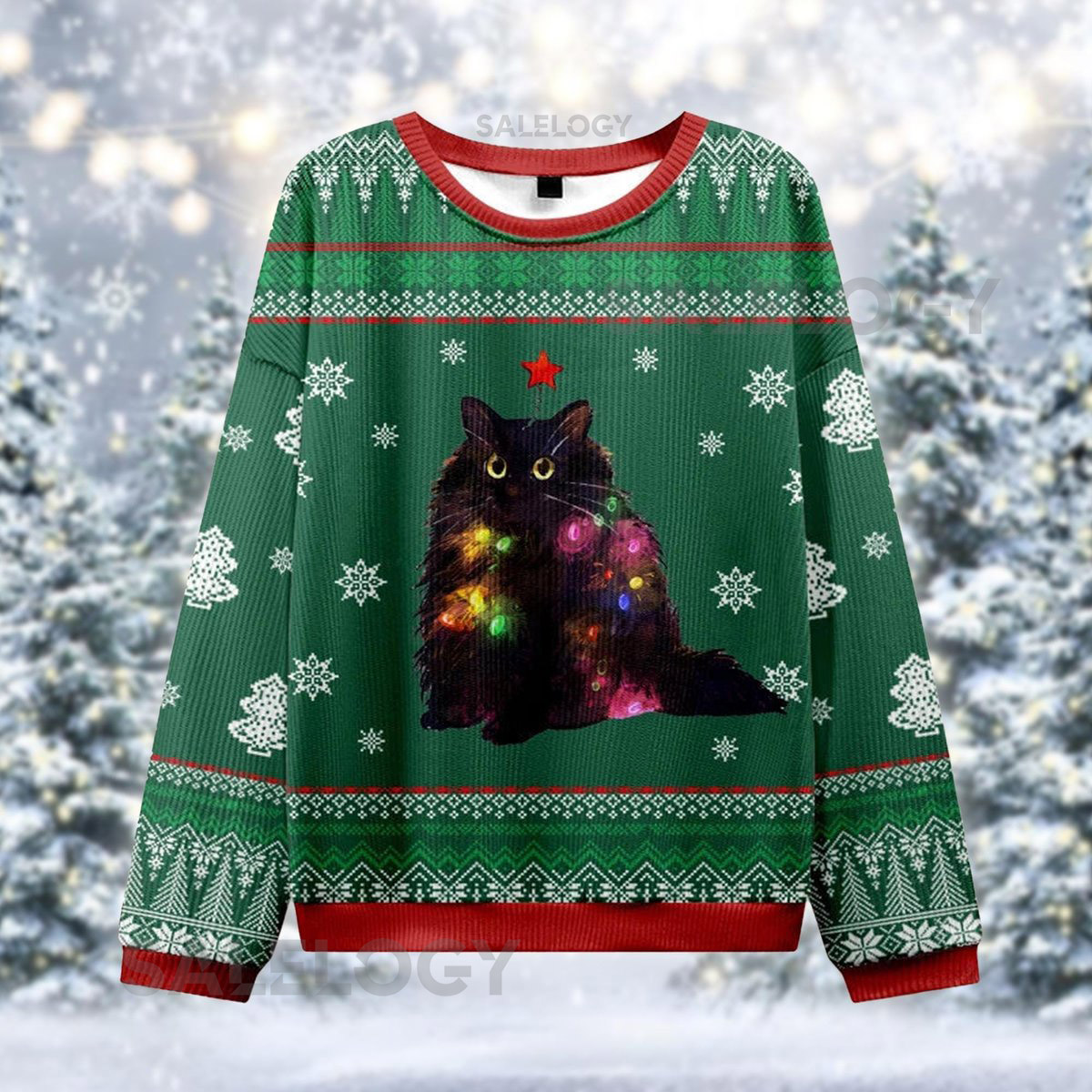 Black Cat Christmas Tree Sweater Ugly Christmas Light Jumper Funny Cat Lover Holiday Gift Cute Fluffy Kitty Sweatshirt Cat Mom