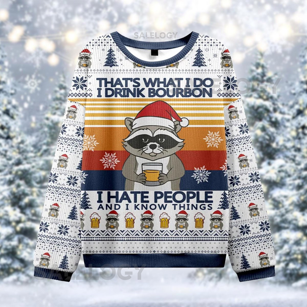 Bourbon Raccoon Ugly Christmas Sweater Funny Drinking Holiday Jumper I Hate People Gift Whiskey Lover Xmas Sweatshirt Trash Panda