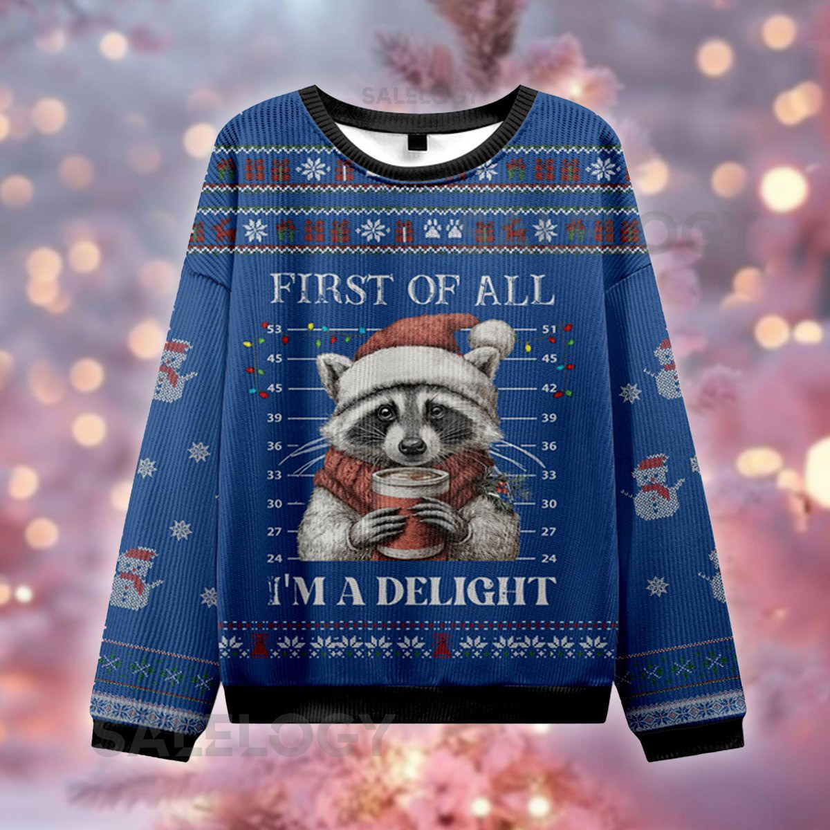 Mugshot Raccoon Ugly Christmas Sweater First of All I'm A Delight Jumper Funny Holiday  Trash Panda Xmas Sweatshirt