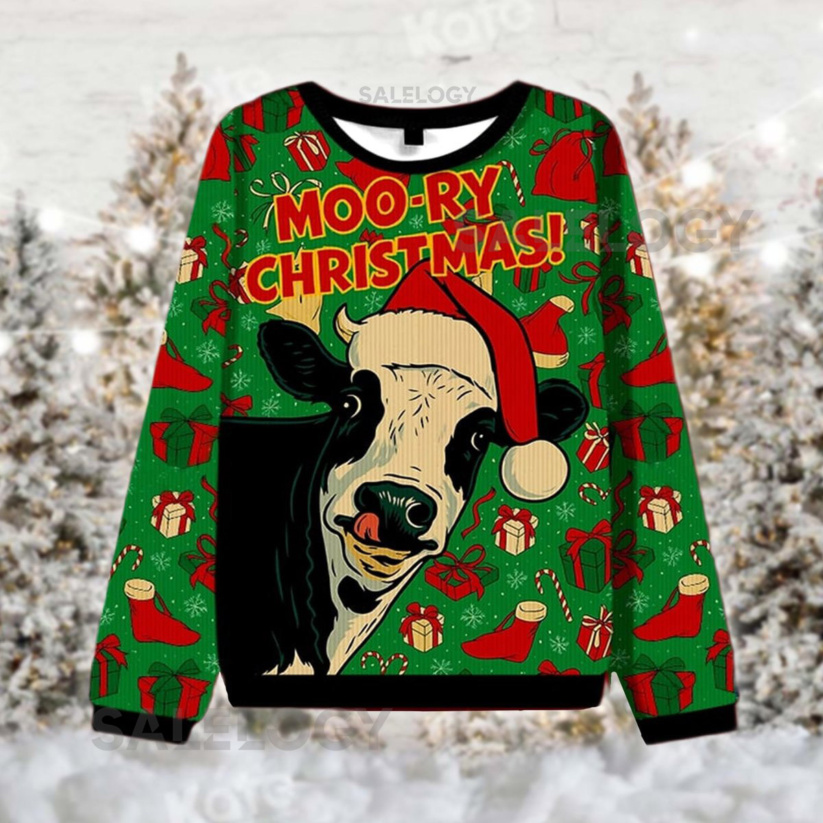 Moo-ry Christmas Ugly Sweater Funny Cow Jumper Farmer Holiday Party  Cute Cattle Xmas Sweatshirt Punny Christmas