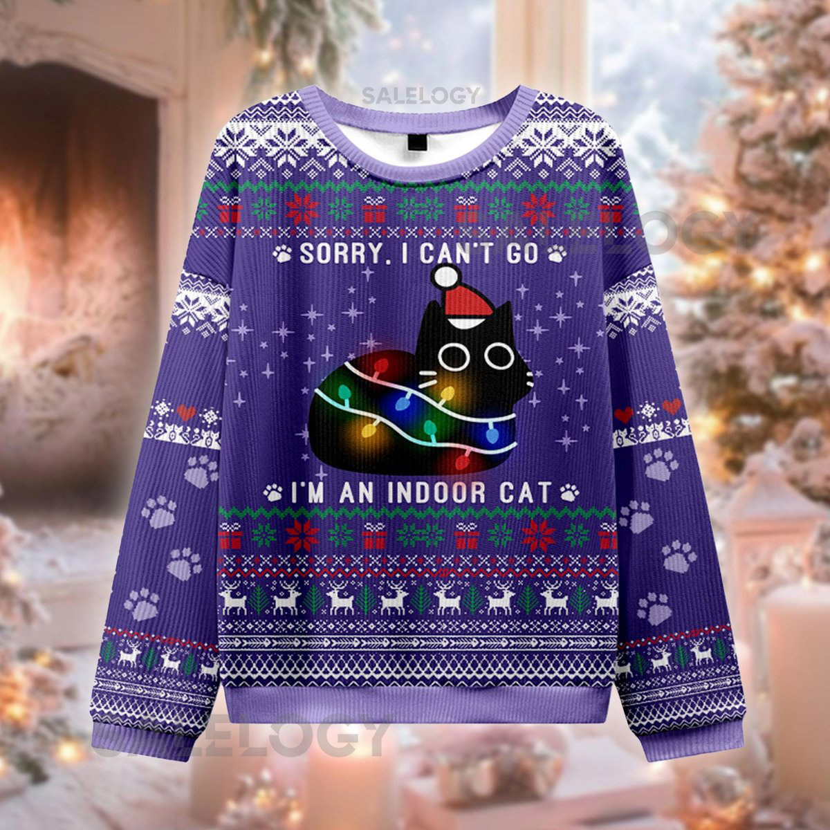 Indoor Cat Ugly Christmas Sweater Funny Introvert Jumper Cat Lover Holiday  Anti Social Xmas Sweatshirt Cute Black Cat
