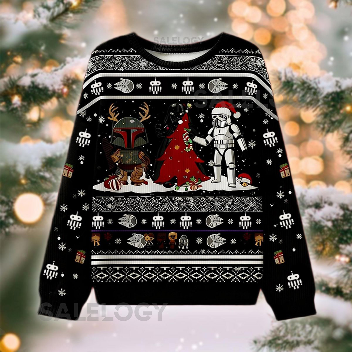 Ugly Sci-Fi Fan Christmas Sweater Space Bounty Hunter Holiday Jumper Funny Xmas Party Galactic Trooper Black Knit Pullover