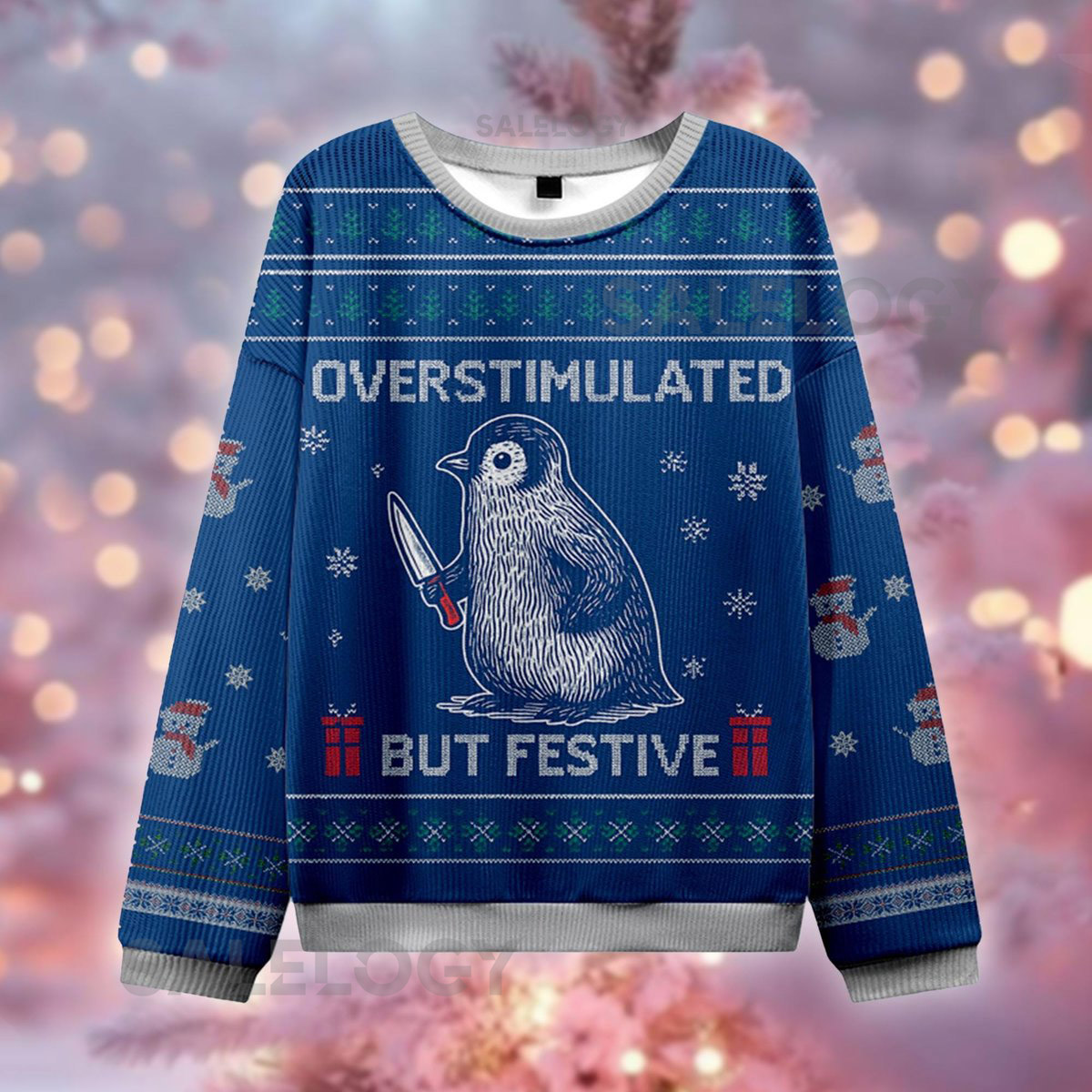 Overstimulated But Festive Sweater Penguin With Knife Ugly Christmas Jumper Funny Introvert ugly
