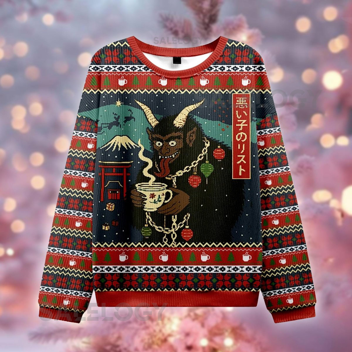 Krampus Coffee Ugly Christmas Sweater Japanese Style Xmas Jumper Funny Holiday Demon Bad Boy List Sweatshirt Dark Humor