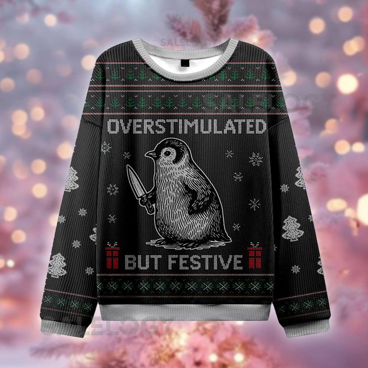 Overstimulated But Festive Sweater Penguin With Knife Ugly Christmas Jumper Funny Introvert Holiday