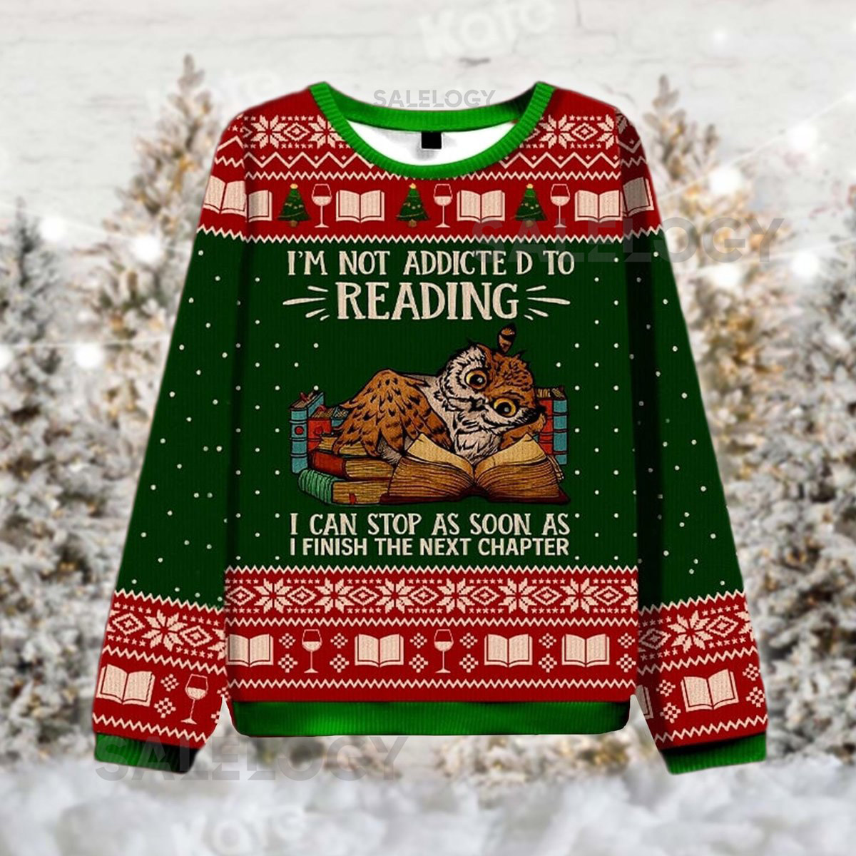 Not Addicted To Reading Sweater Funny Book Lover Ugly Christmas Jumper Owl Bookworm Holiday  Reader Xmas Sweatshirt