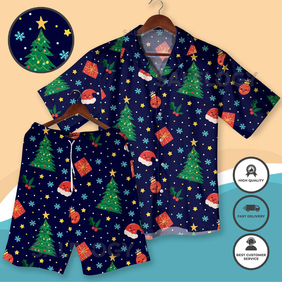 Christmas Hawaiian Shirt and Shorts Funny Santa Claus Xmas Tree Gift Print Holiday Vacation Outfit Xmas Festive Beach Shirt for Men Women_17