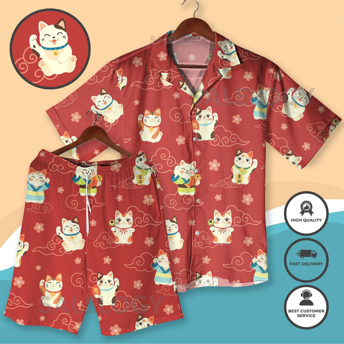 Lucky Cat Japanese Hawaiian Shirt and Shorts Maneki Neko Print Summer Outfit Japanese Cat Aloha Shirt Red Xmas Beachwear Gift for Men Women_121