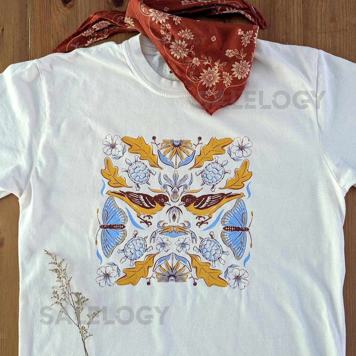 Folk Nature T-Shirt Hand-Drawn Botanical Birds Butterflies Oak Leaves Inspired by Maryland_316