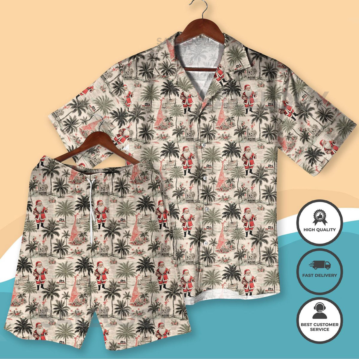 Santa Hawaiian Shirt Christmas Beach Outfit Tropical Holiday Shirt and Shorts Aloha Xmas Outfit for Men Women Christmas Hawaiian Shirt_228