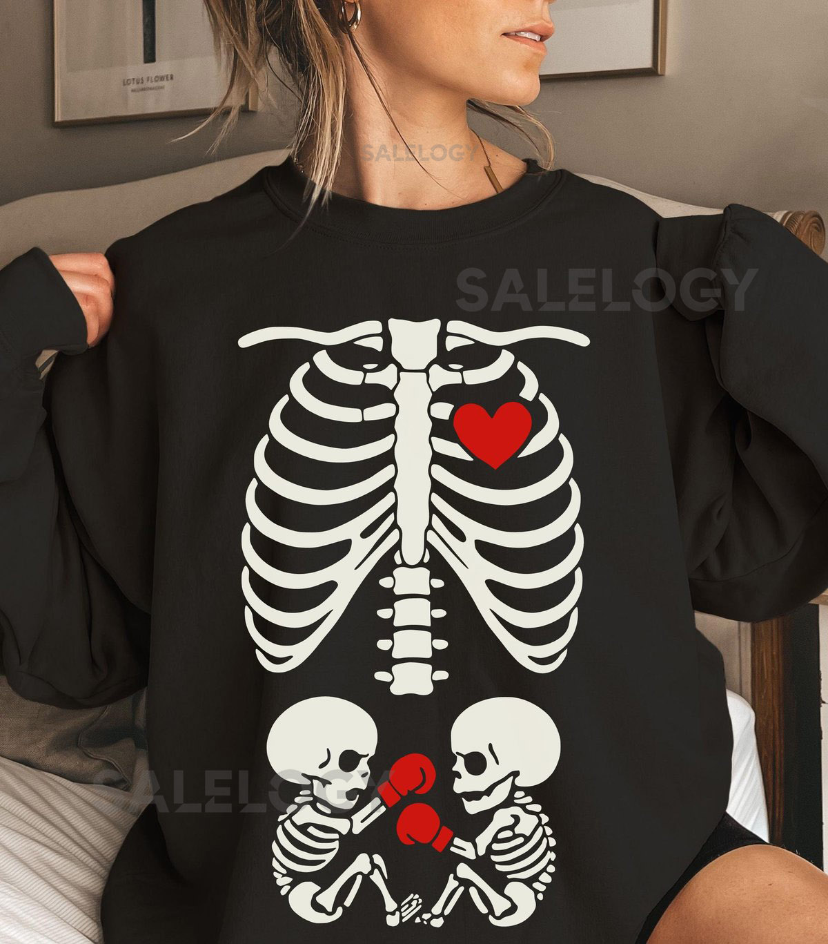 Funny Twin Mom Skeleton Sweatshirt Pregnant with Twins Baby Skeleton Boxing Gloves Gildan Crewneck Pregnancy Announcement Gift for Mom_293