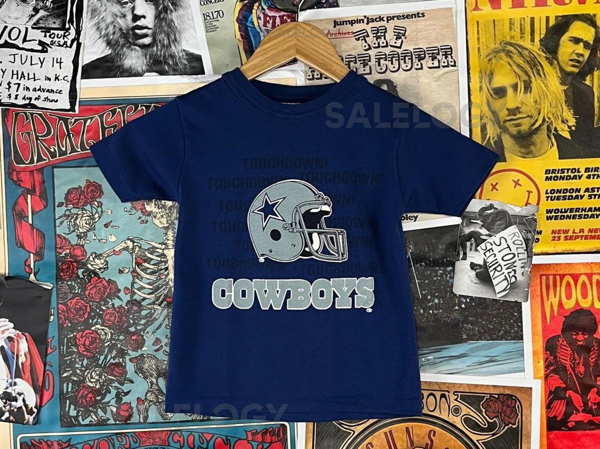 Vintage Kids 80s Navy Blue NFL Dallas Cowboys Football Touchdown Graphic T-Shirt Size 6 Ages 5-6 Retro Football Boys Sportswear Tee Top_597