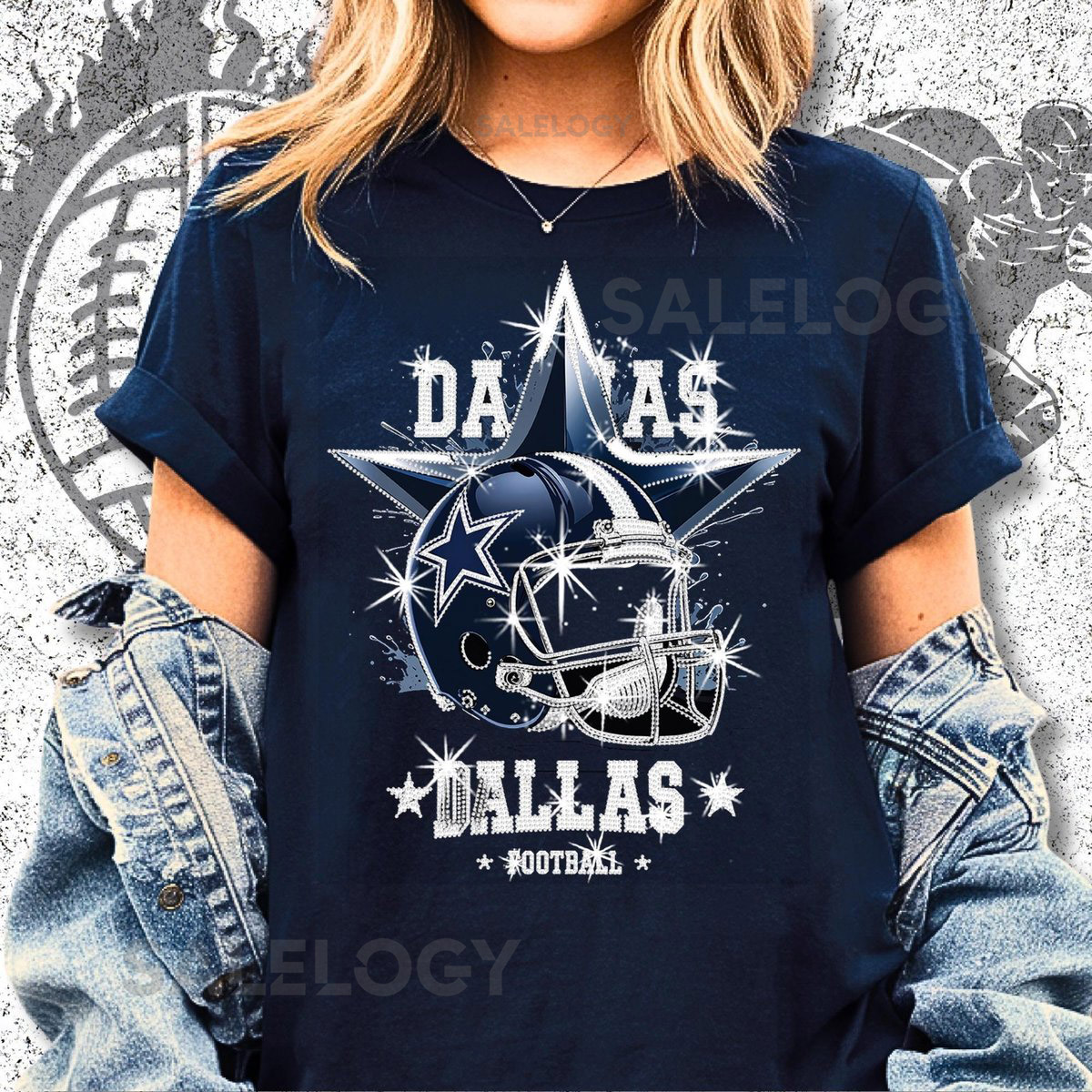 Dallas Sparkly Rhinestone Football Shirt Game Day Bling DTF Rhinestone Mix Shiny Cowboys Fan Tee_276