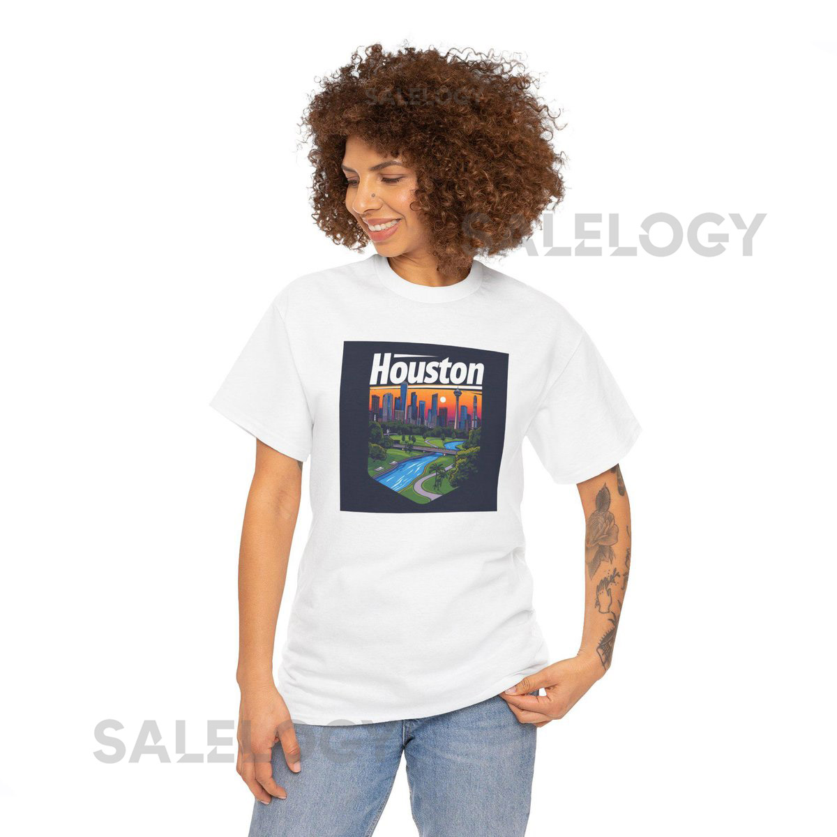Houston Skyline Illustration Tee Cityscape River Park _301