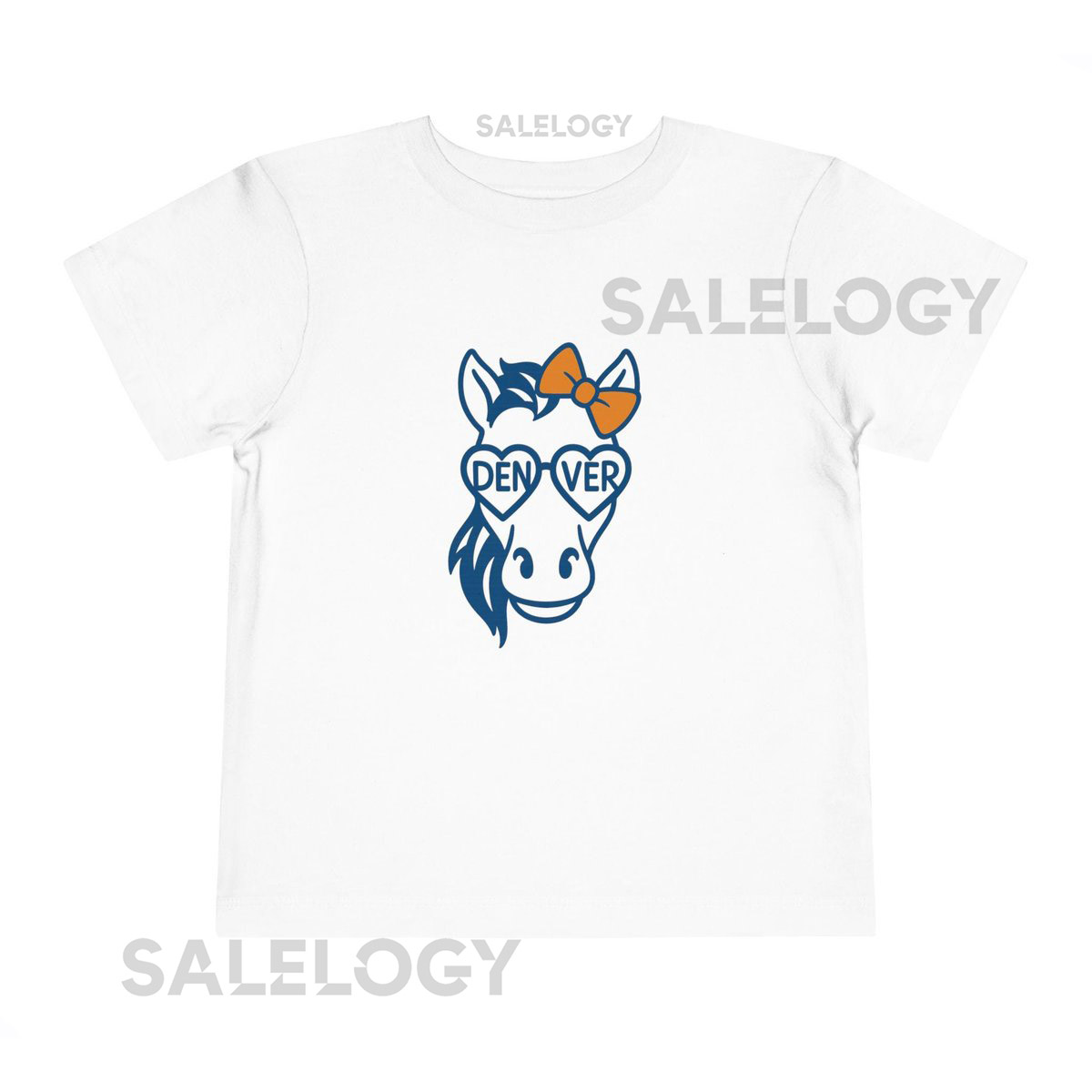 Denver Broncos toddler tee in sizes 2T 3T 4T 5T with cute blue bronco and heart DEN VER glasses - perfect gift for young NFL football fans_320