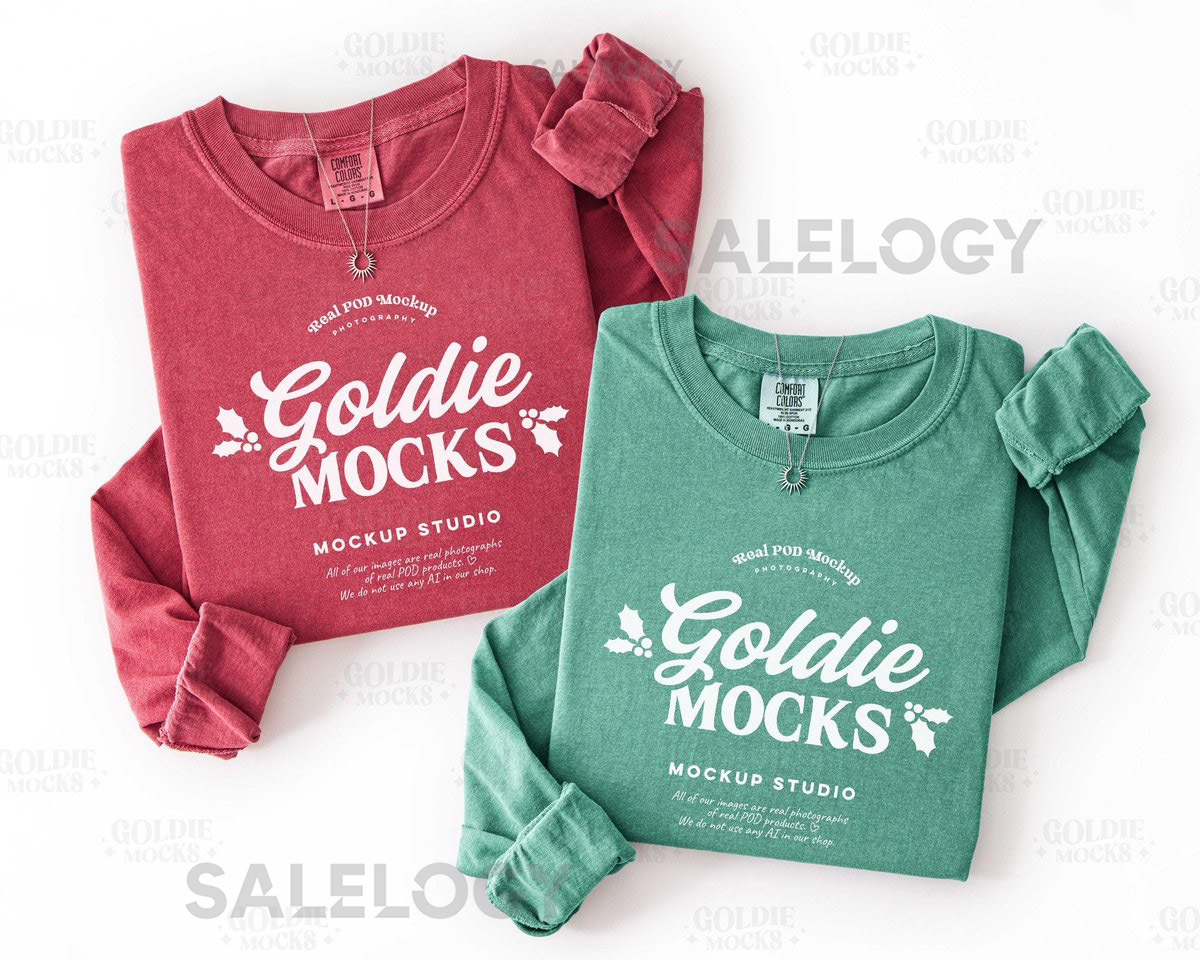 Comfort Colors C6014 Crimson Light Green Group Shirt Mockup 6014 Christmas Folded Double Shirt Mock Simple Minimal Aesthetic Flatlay_90