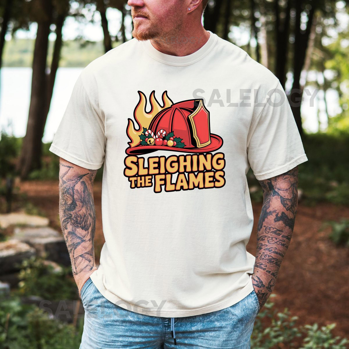 Sleighing the Flames Firefighter Christmas Shirt Funny Fireman Holiday Tee Fire Dept Shirt_385