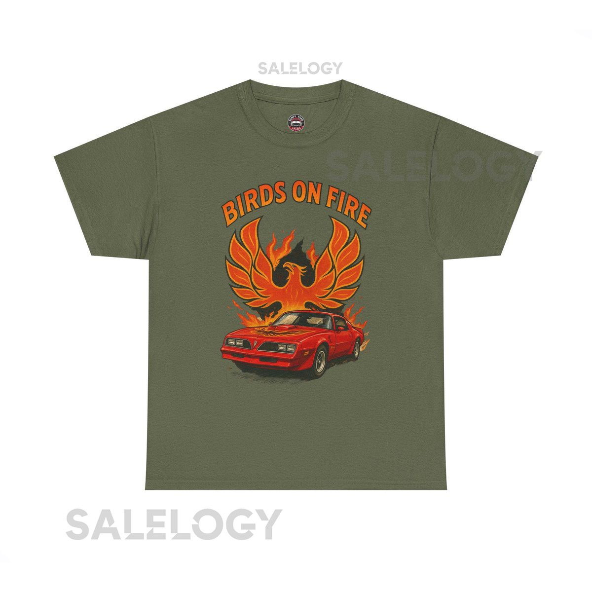 Birds on Fire phoenix and vintage muscle car Tee retro flame graphic_30