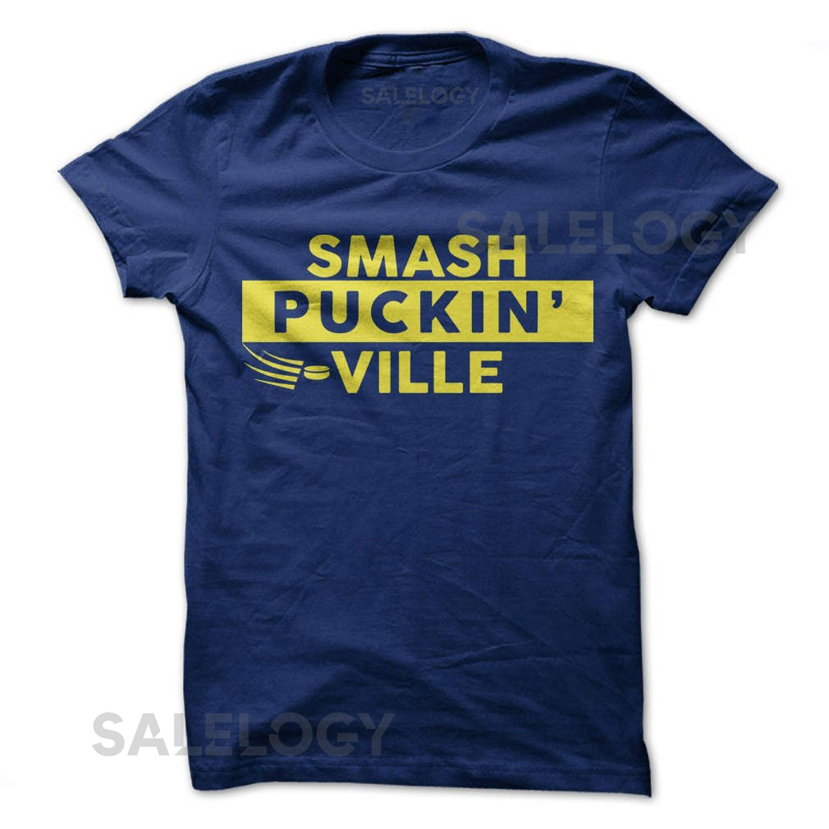 Smash Puckin' Ville T Shirt Design   Navy Shirt with Gold Print_484