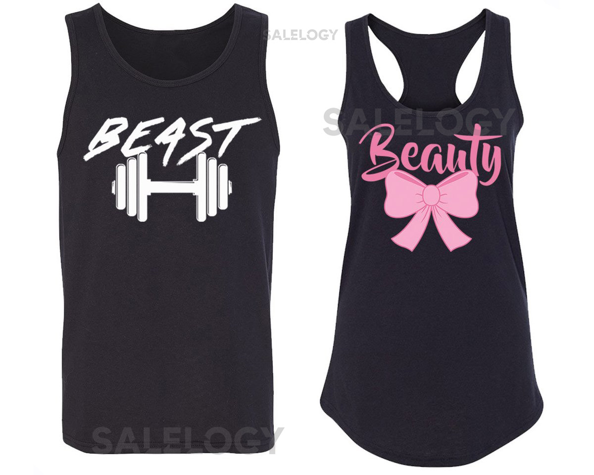 TWS Beast Beauty Unisex Couple Matching Sleeves Tank top Couple Valentines Day Love Couple Tee Shirt Cotton T-shirt Soft Comfortable_1150