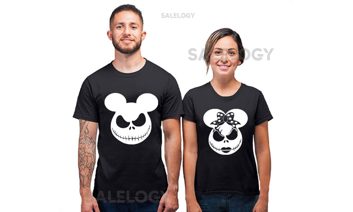 Halloween Adult Unisex Couple Tshirt JACK SALLY White Face Halloween Party Funny Couple Matching Tee Shirts_401