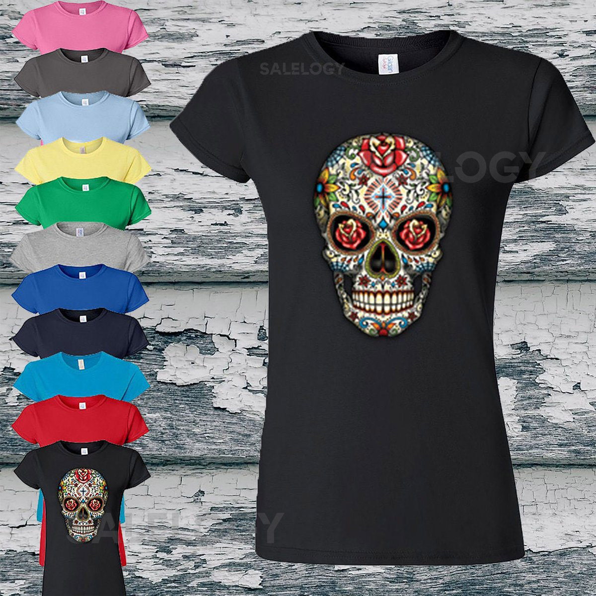 Sugar Skull Women T-Shirt Unisex Couple Matching Short Sleeves T-shirt Rose Eyes Day Trendy Assorted Colors Tee Soft Comfortable_967