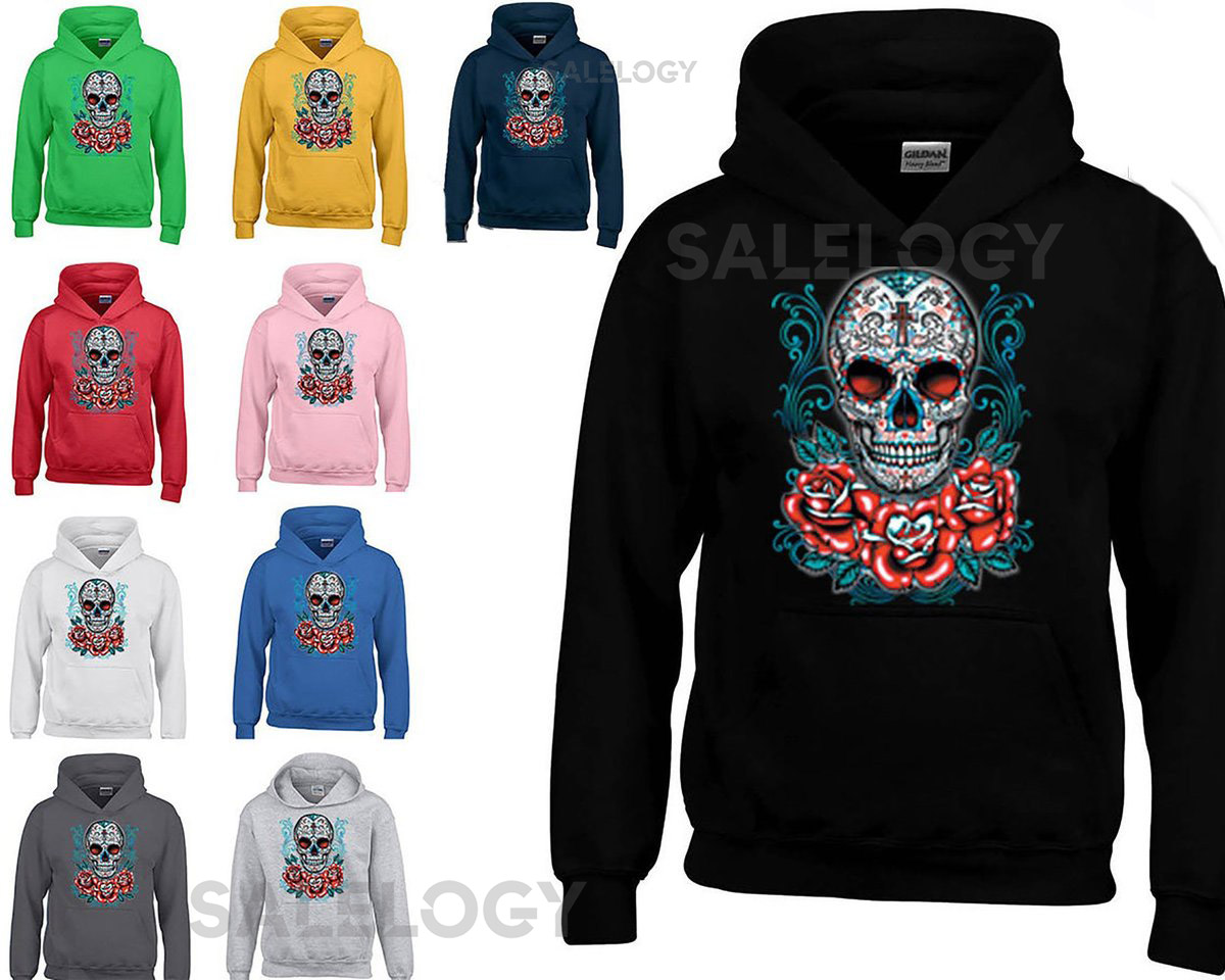 Sugar Skull ROSES NECKLACE Lady HOODIE Sweatshirt Roses Skull Day of the Dead Trendy Hooded Sweatshirt Hoodie_119
