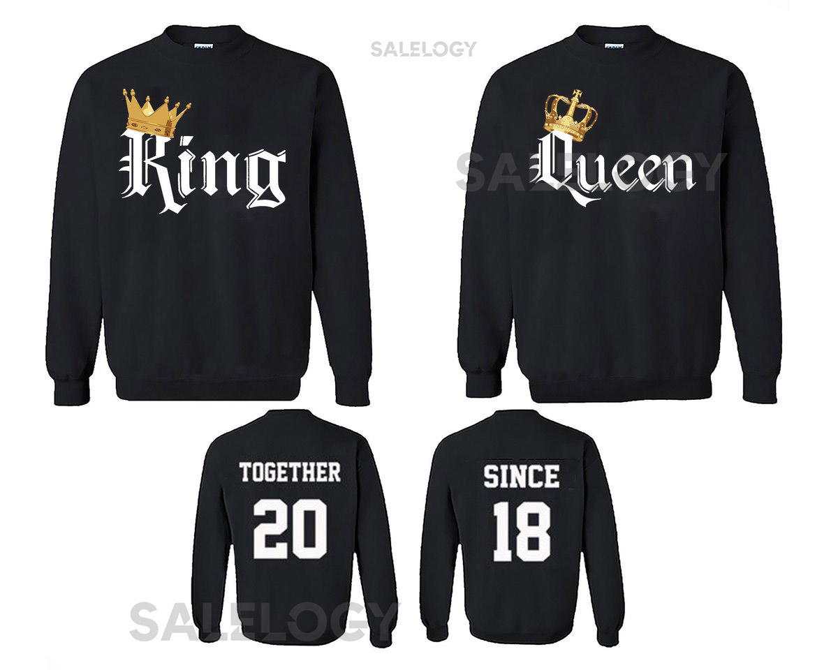 King Queen Together Since Unisex Couple Matching Long Sleeve Sweatshirt Front Back Date Number Soft Comfortable Pullover Tee_75