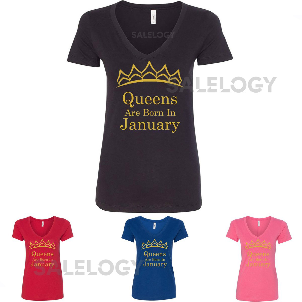 Tiara Queens Are Born In JANUARY VNECK Short Sleeve Tshirt Lady Tee Shirt Best Birthday Tshirt GOLD Logo Queen Tshirt_1118