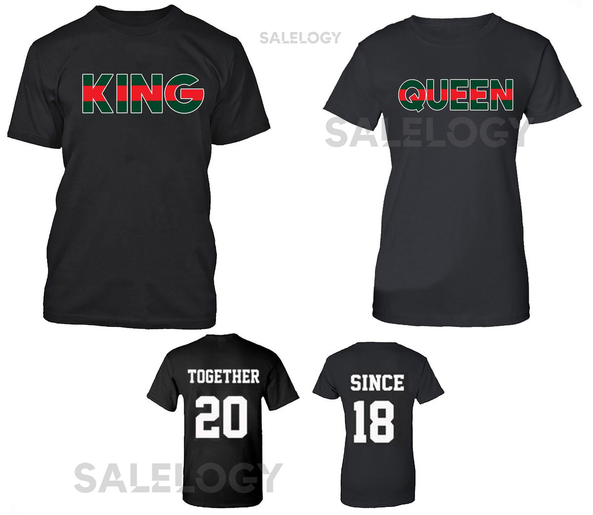 Unisex Couple King Queen Short Sleeve RED GREEN Matching T-SHIRT Together Since Back Side Date Numbers Front Back Couple Tee Shirts_1158