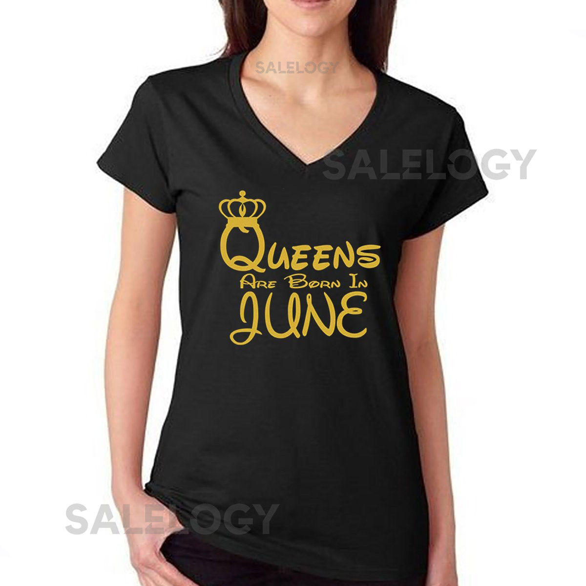 Queens Are Born In JUNE VNECK Short Sleeve Tshirt Lady Tee Shirt Best Birthday Tshirt GOLD Logo Queen Tshirt_858