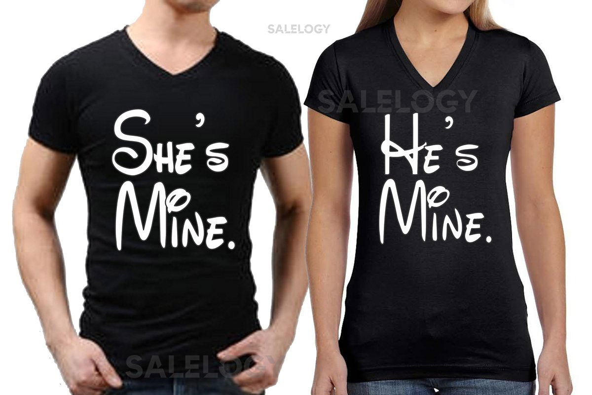 Unisex Couple She is Mine He is Mine Cartoon VNECK Tshirt Cartoon Couple V-Neck Tee Shirt Fun Matching Couple Vneck T-Shirts Black-Black_1159