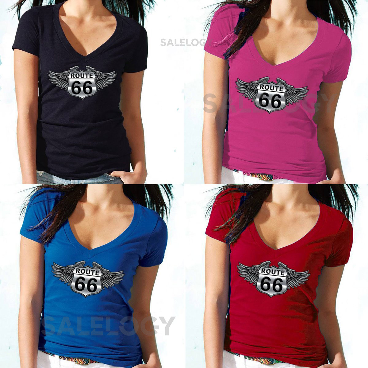WINGS Route 66 Silver Design Lady V-NECK Route Us 66 Women Assorted Colors Soft Comfortable Gift for Her Get Your Kick On Route 66_1227