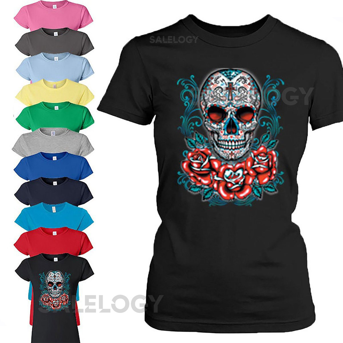 Sugar Skull ROSES NECKLACE Lady TSHIRT Roses Skull Day the Dead Trendy Woman Tee Shirts_966