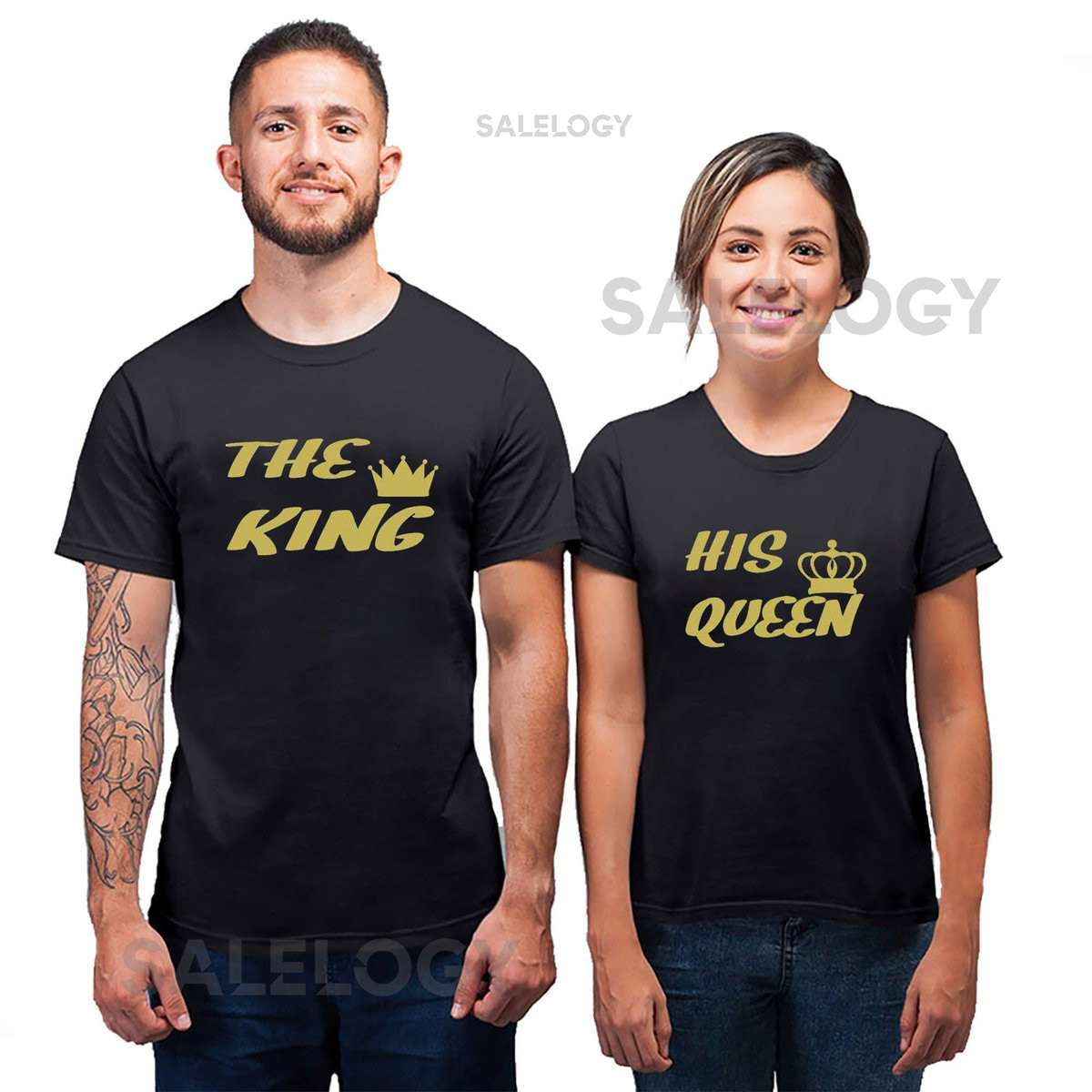 THE King His Queen Handmade Couple T-SHIRT GOLD Design Cartoon- Funny Couple Tee Shirt_1083