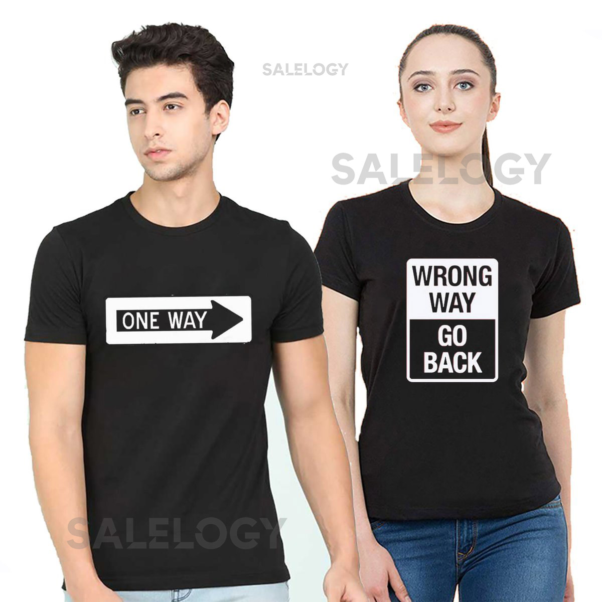 Unisex Couple T-Shirt One Way WRONG WAY Go Back Valentines Couple Tee Shirt Traffic Sign Funny T-Shirt_1164