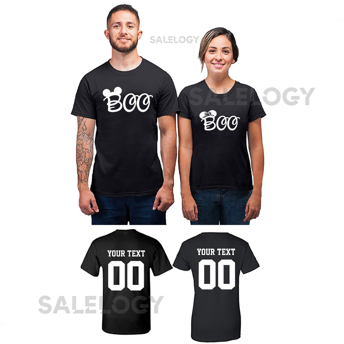 Halloween Boo Custom Unisex Couple Short Sleeve T-SHIRT Add Date Text Back Side BOO Mouse EARS Halloween Party Funny Matching Tshirt_402