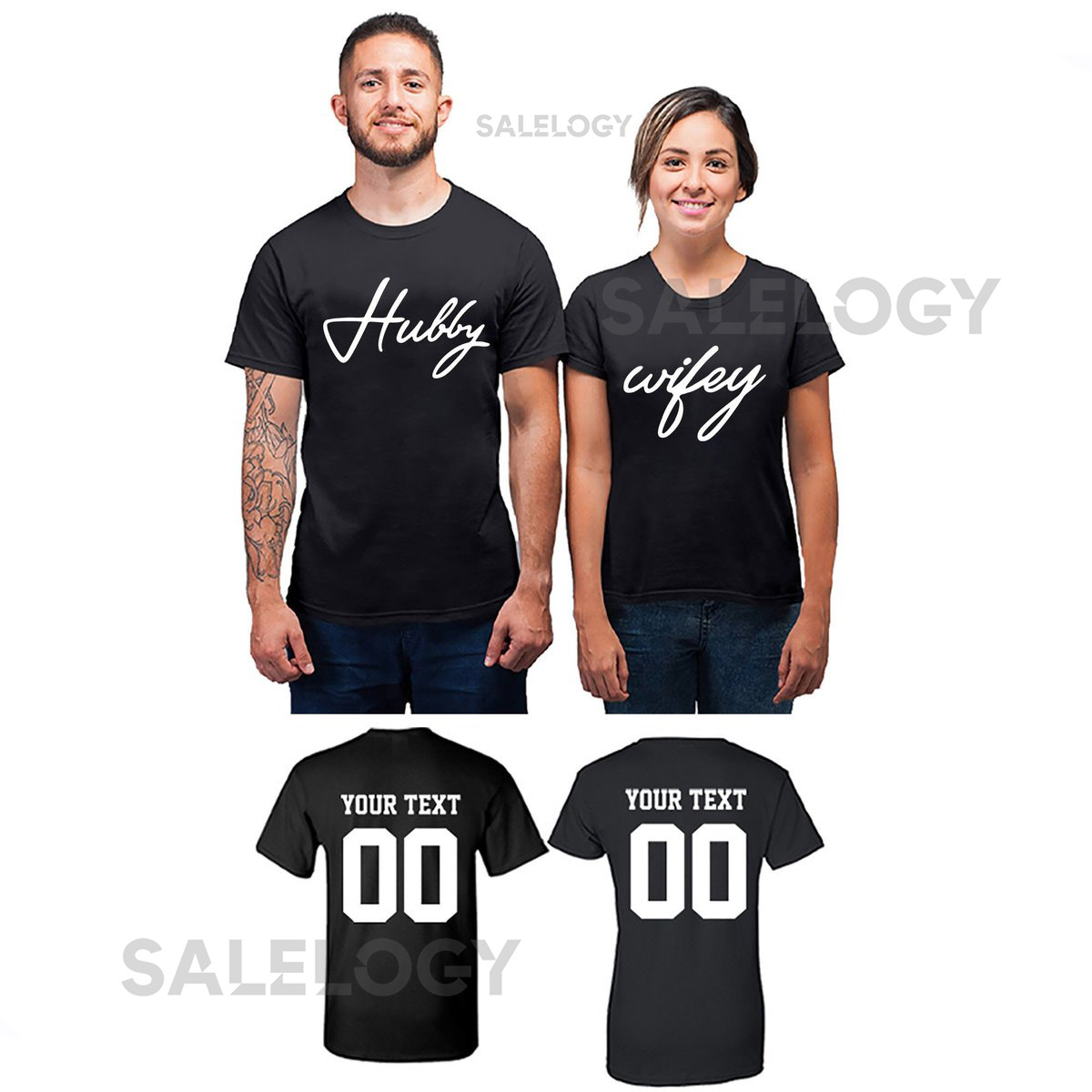 Hubby Wifey Couple Custom Short Sleeve T-Shirt Matching Couples Valentines Wedding Couple Add Date Text Back Side Bachelor Party Loves Tee_486