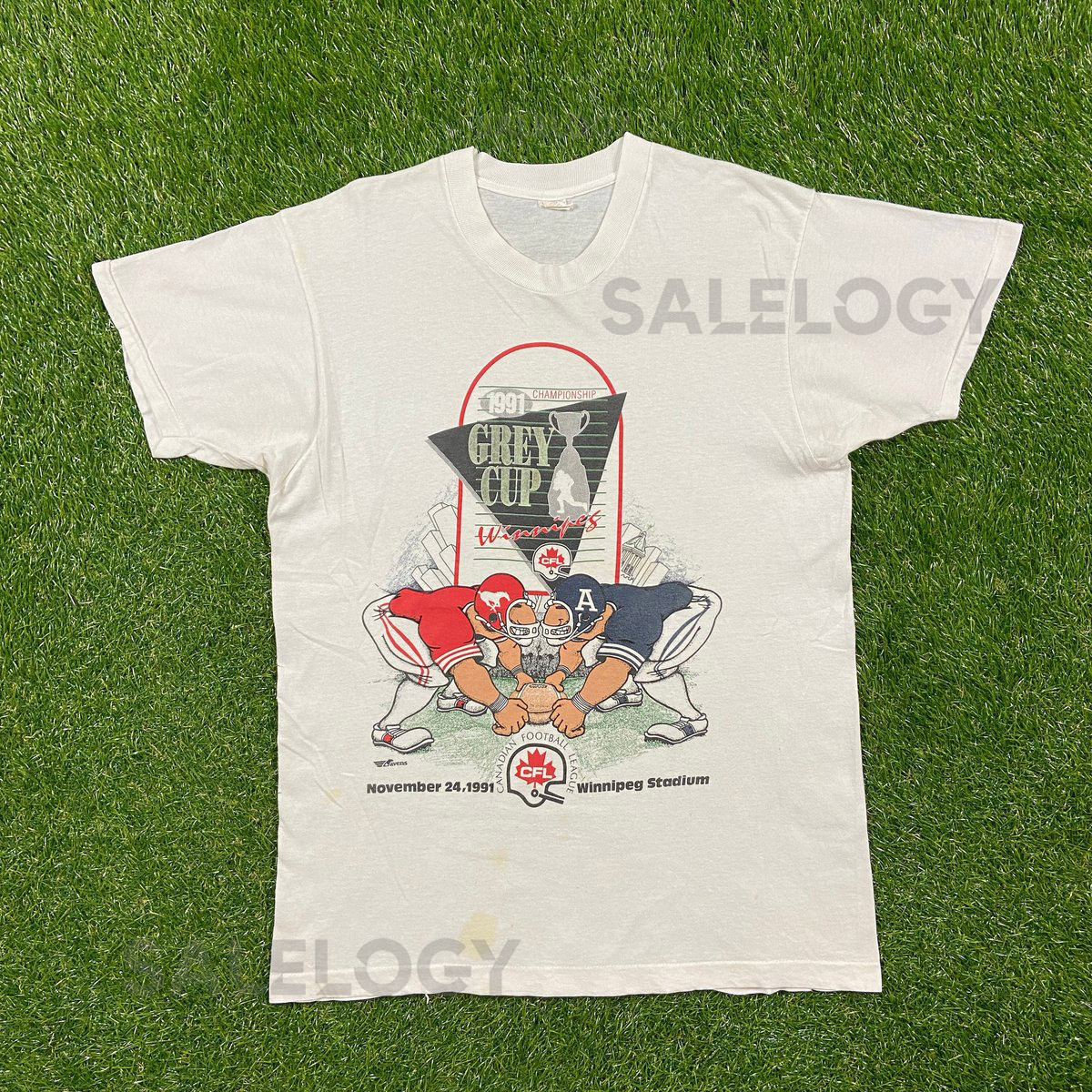 Vintage Winnipeg 1991 Grey Cup Championship T Shirt Tee Fruit of the Loom Made in Canada Size Xtra Large XL CFL Canada Football League 90s_559