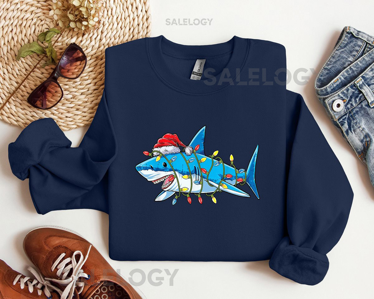 Santa Shark light Christmas Shirt Santa Hat Shark Christmas Sweatshirt_275
