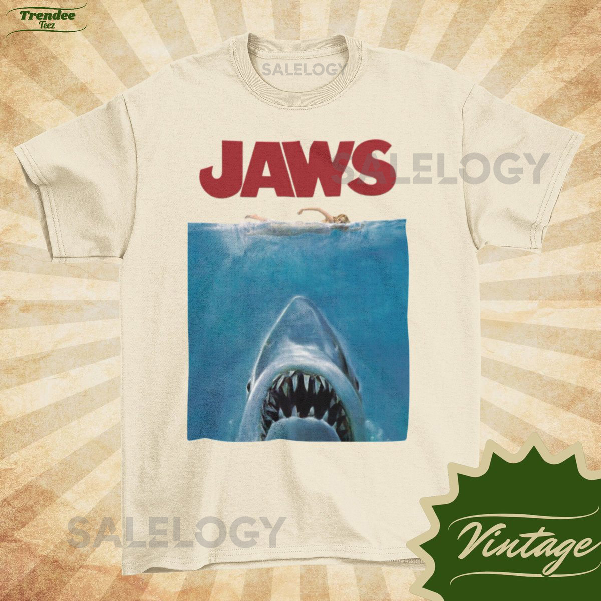 JAWS Classic - Vintage Style Natural Crewneck T-shirt - Unisex Movie poster shirt Sharkweek Shirt_143