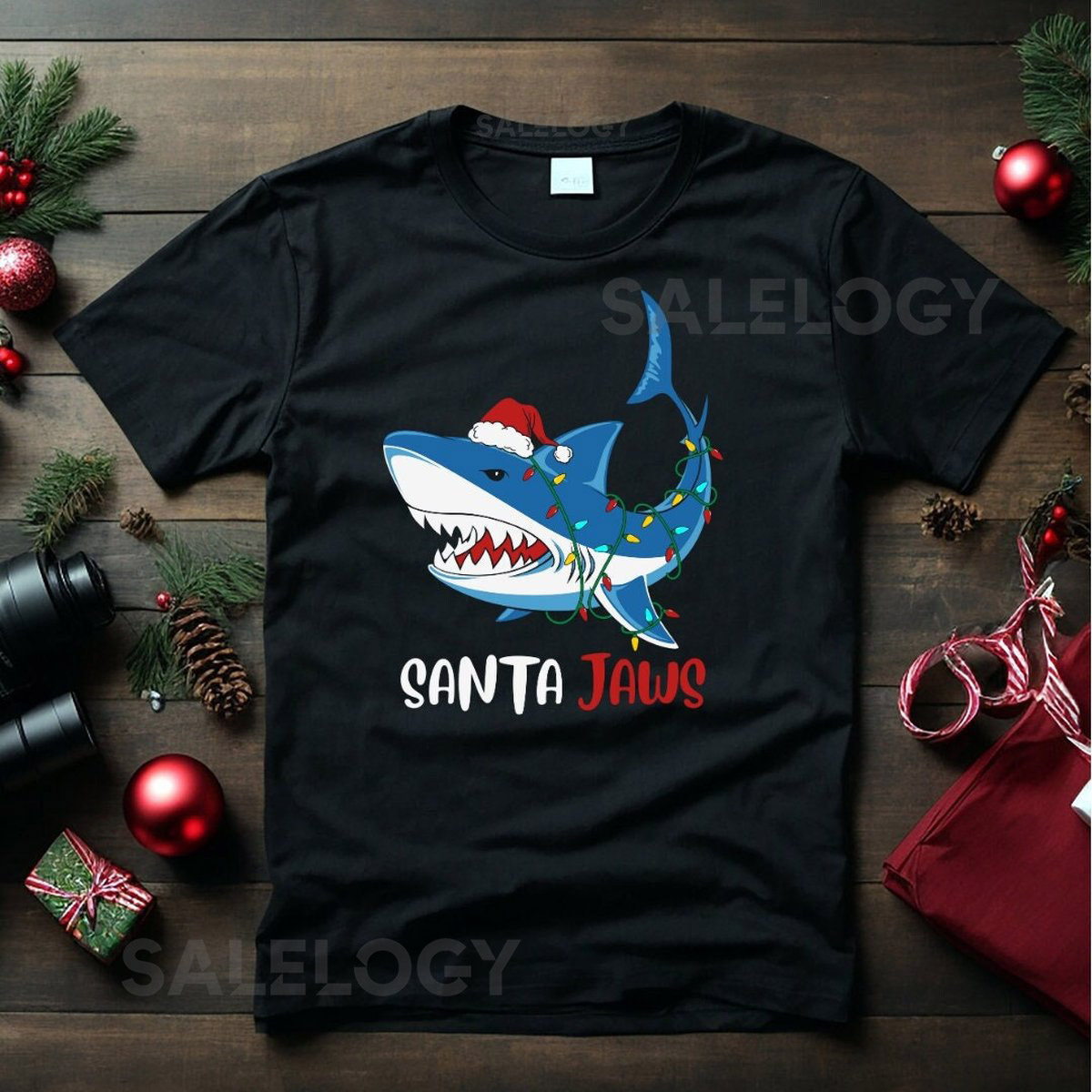 Santa Jaws Christmas Shirt Funny Shark Xmas Lights Tee_272