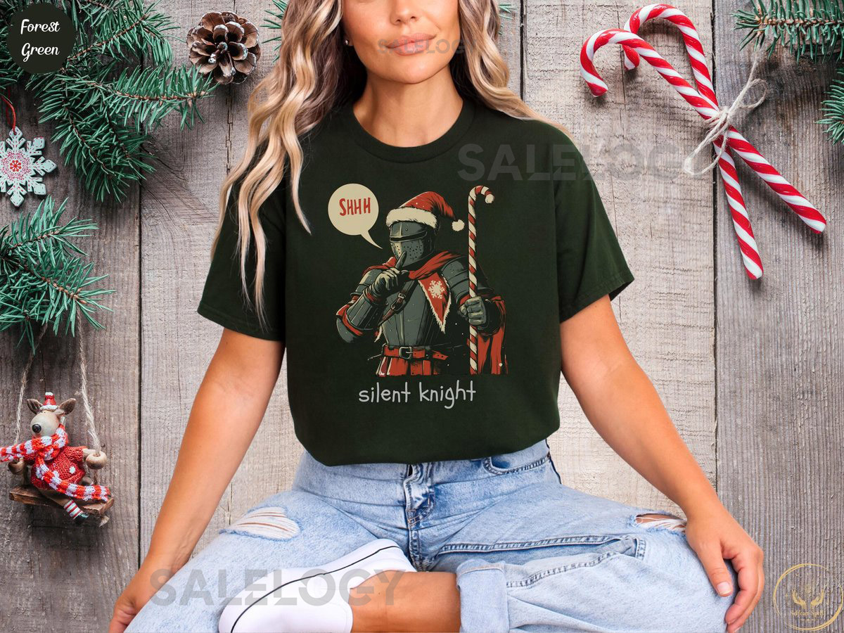Silent Knight Funny Christmas T-Shirt Silent Night Pun Joke Medieval Aesthetic Fun Festive Shirt Candy Cane Santa Shush Xmas Dad Gift Idea_449