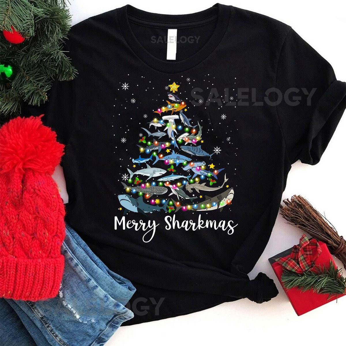 Merry Sharkmas Funny Shark Christmas Tree Shirt Shark Fish Xmas Lighting Tree Santa Shark Christmas Shirt_195